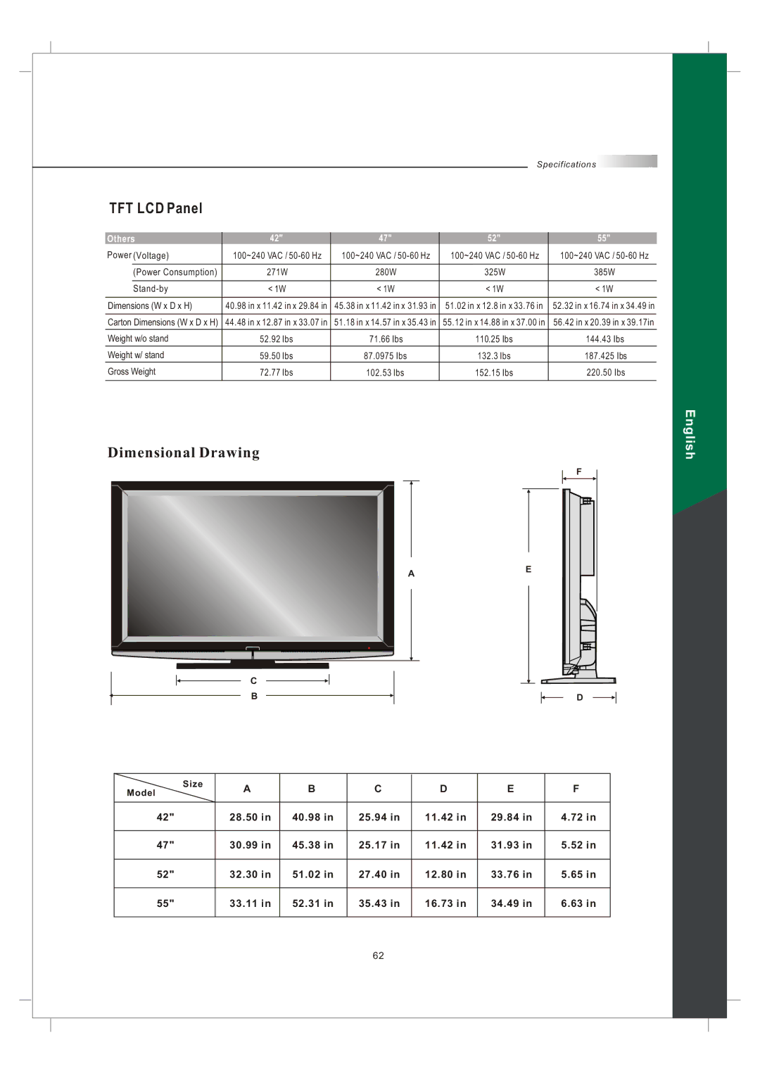 Olevia 242T FHD manual Dimensional Drawing, Size Model 