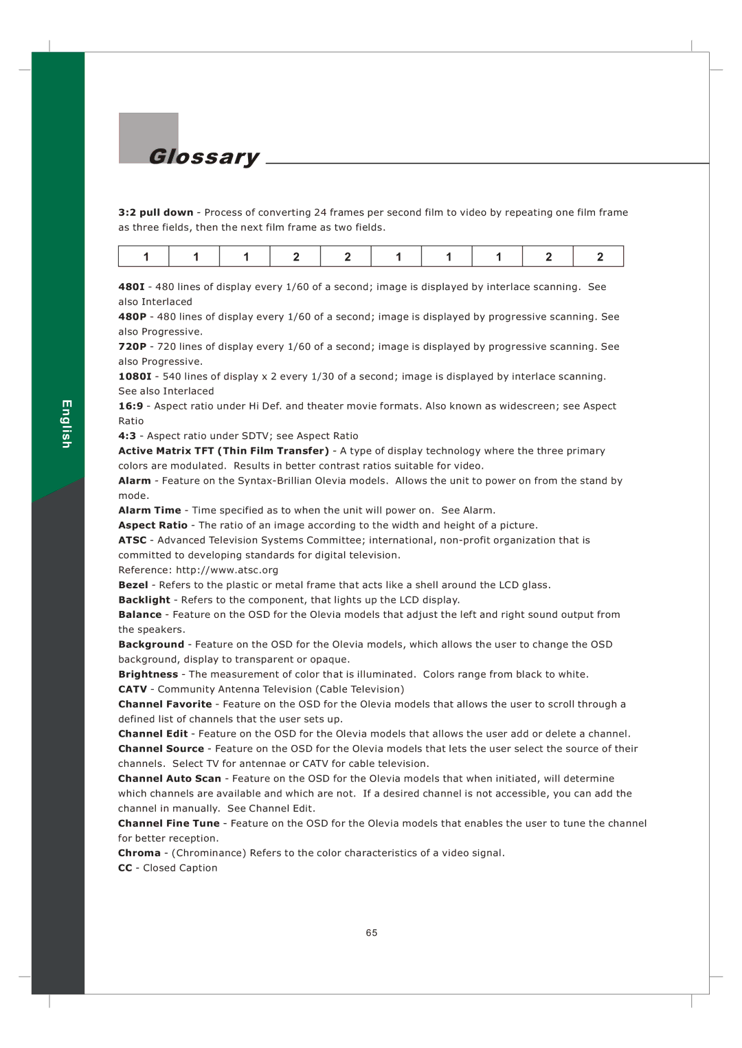 Olevia 242T FHD manual Glossary 