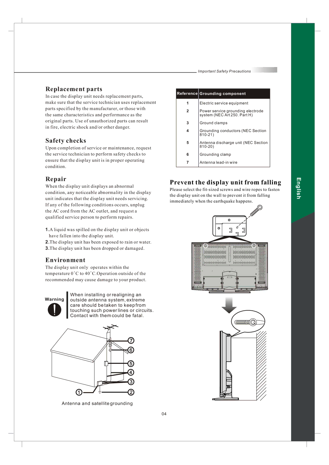 Olevia 242T FHD manual Replacement parts, Safety checks, Repair, Environment 