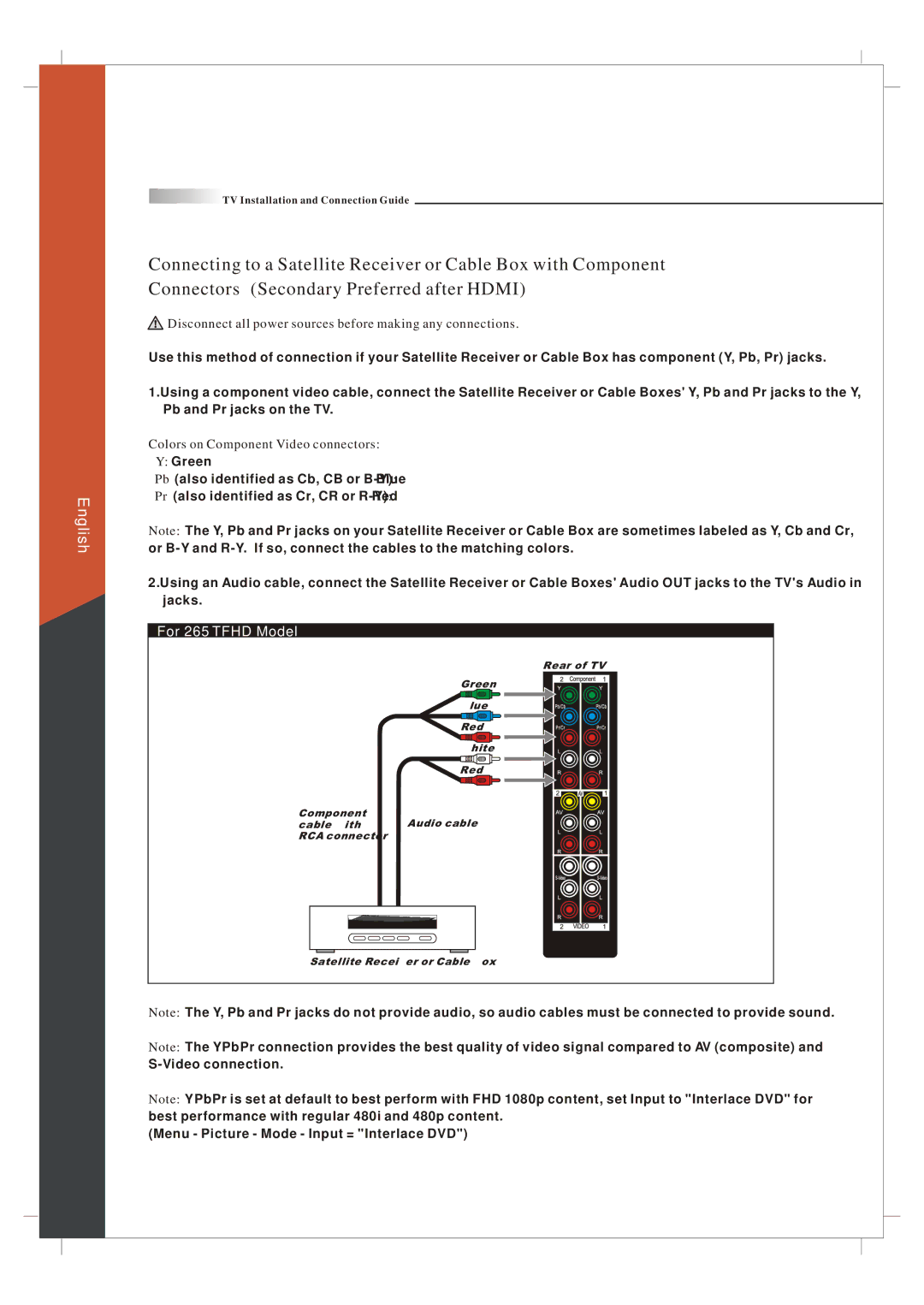 Olevia 265T FHD manual Disconnect all power sources before making any connections, Colors on Component Video connectors 