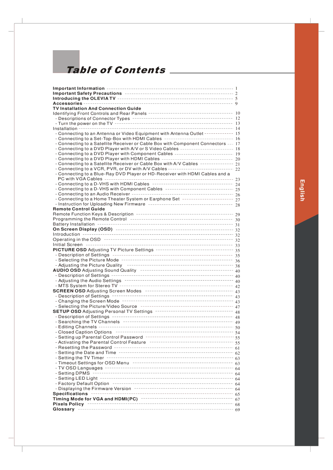 Olevia 265T FHD manual Table of Contents 