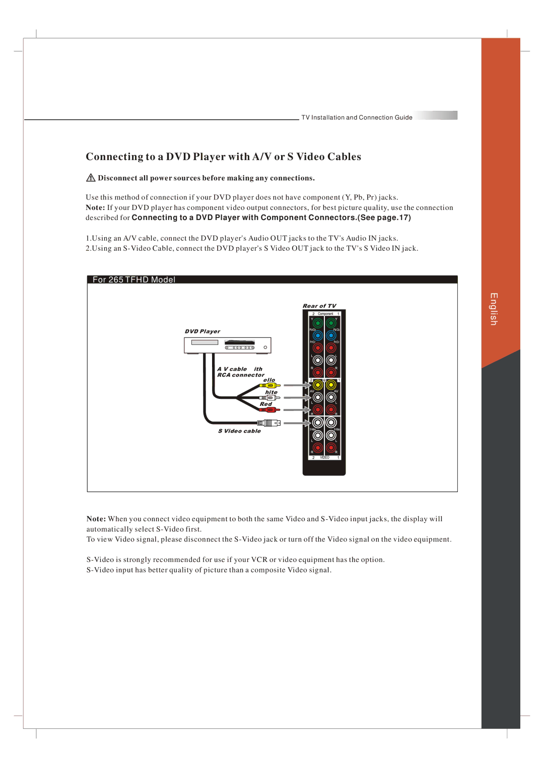 Olevia 265T FHD manual Connecting to a DVD Player with A/V or S Video Cables 