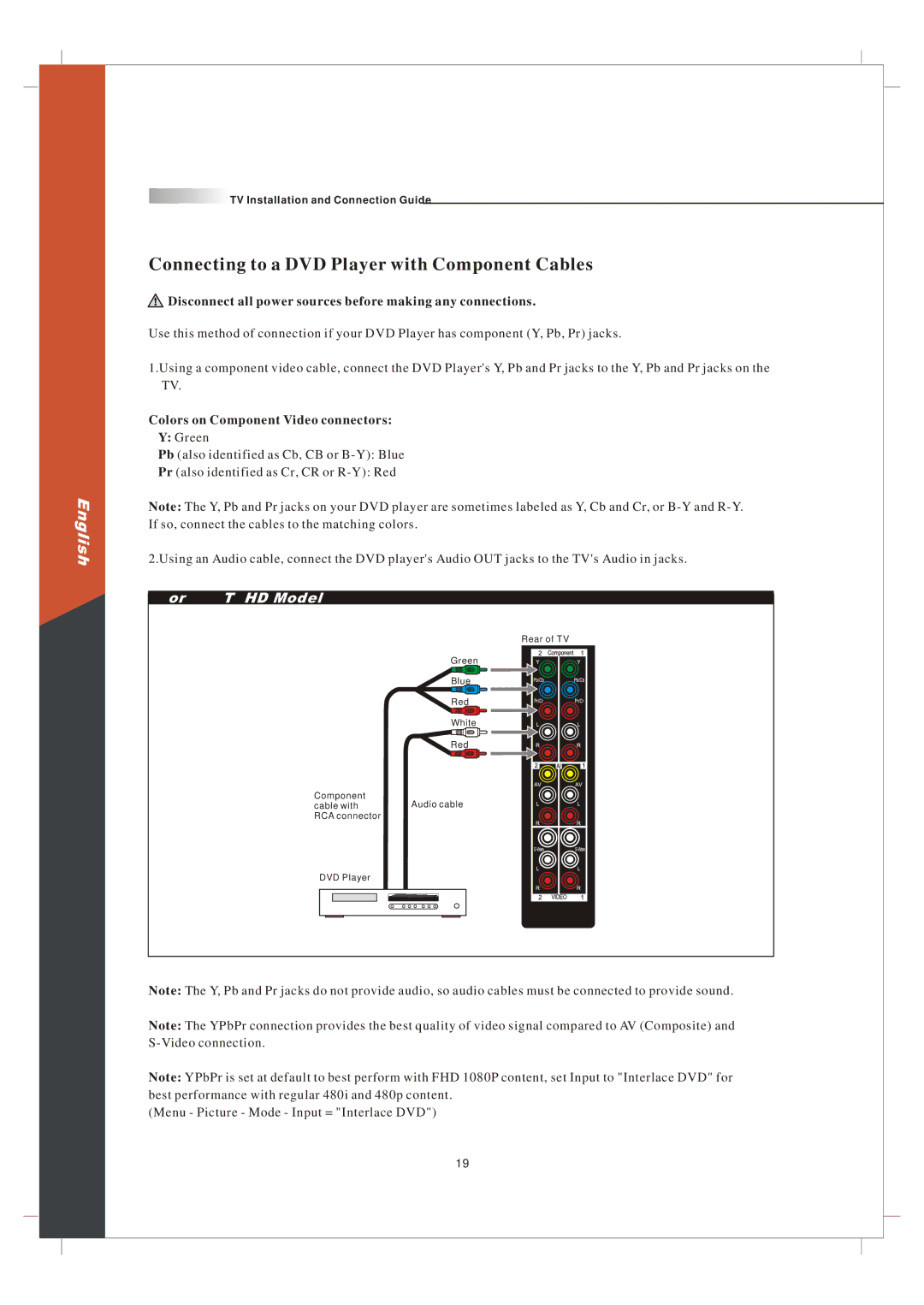 Olevia 265T FHD manual Connecting to a DVD Player with Component Cables 