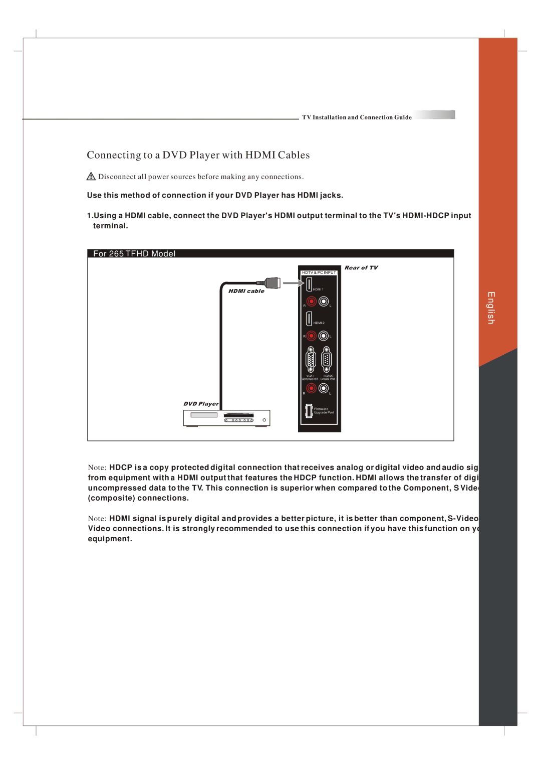 Olevia 265T FHD manual Connecting to a DVD Player with Hdmi Cables 