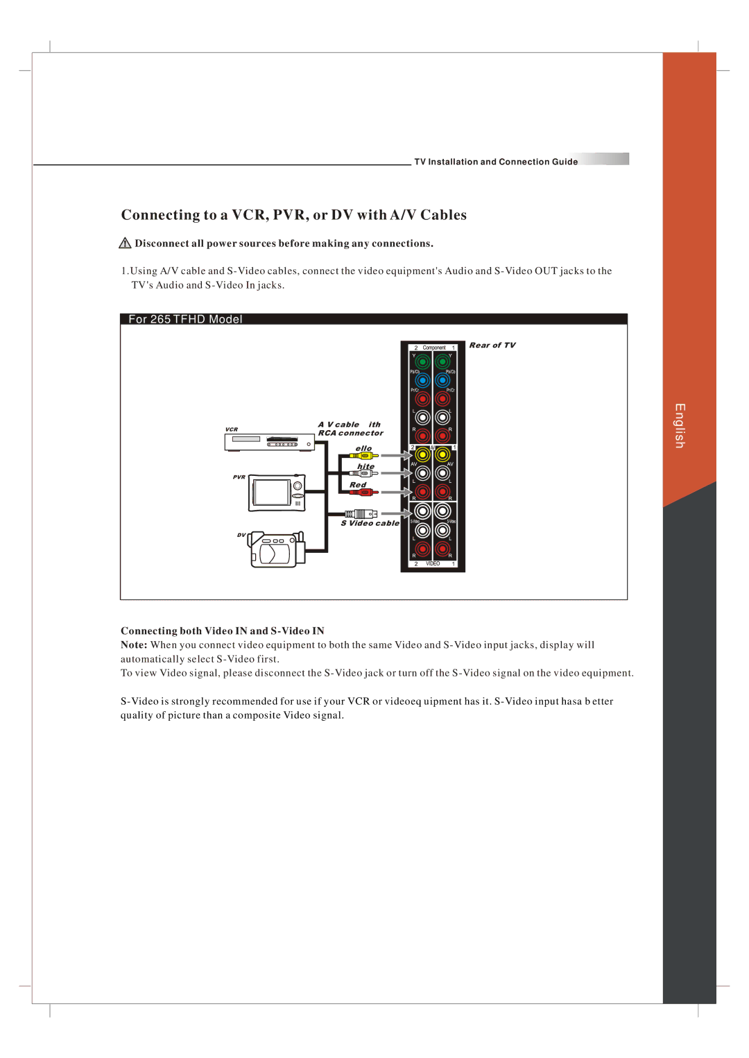 Olevia 265T FHD manual Connecting to a VCR, PVR, or DV with A/V Cables, Connecting both Video in and S-Video 