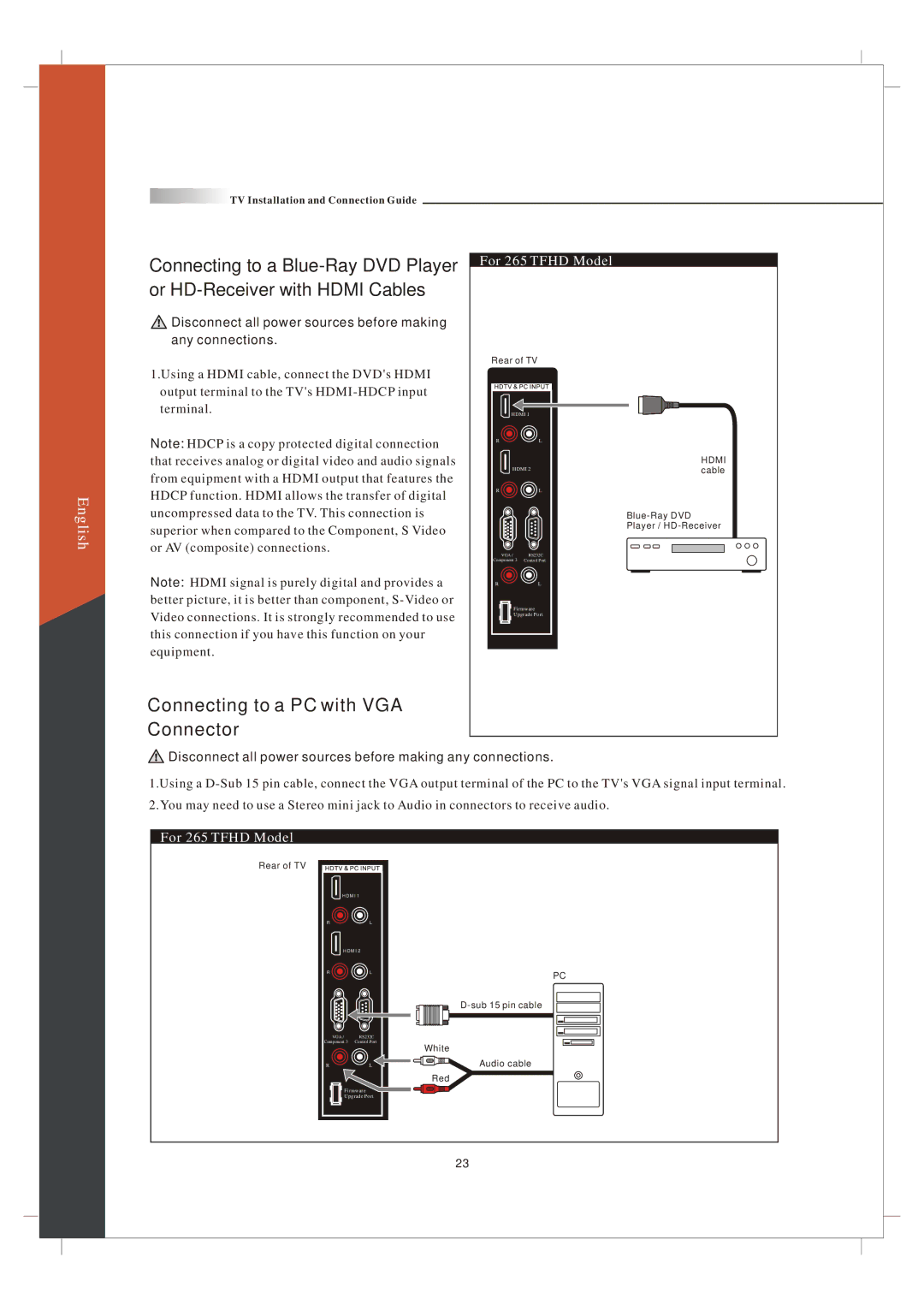 Olevia 265T FHD manual Connecting to a PC with VGA Connector 