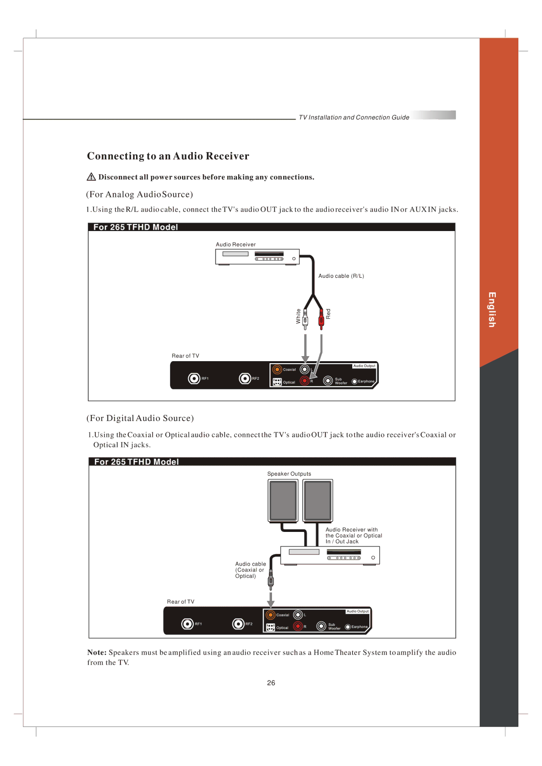 Olevia 265T FHD manual Connecting to an Audio Receiver, For Analog Audio Source 