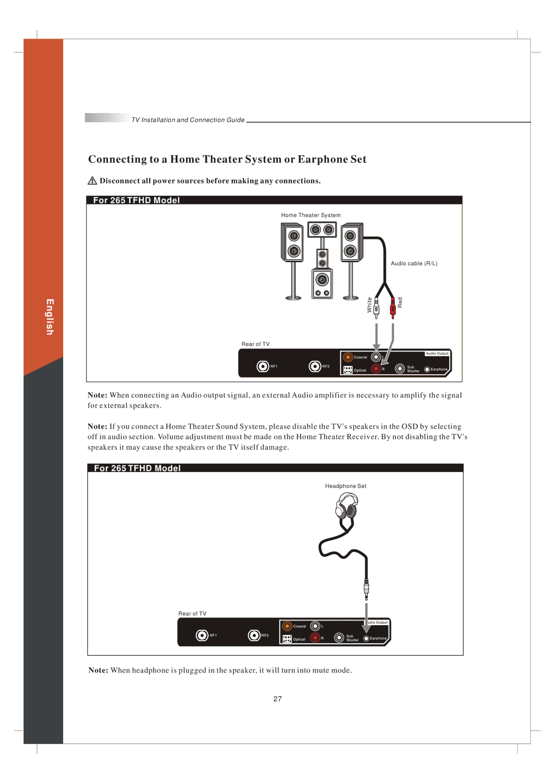 Olevia 265T FHD manual Connecting to a Home Theater System or Earphone Set 