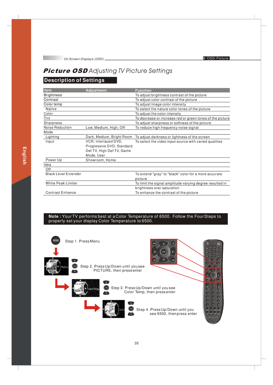 Olevia 265T FHD manual Picture OSD Adjusting TV Picture Settings, Description of Settings 