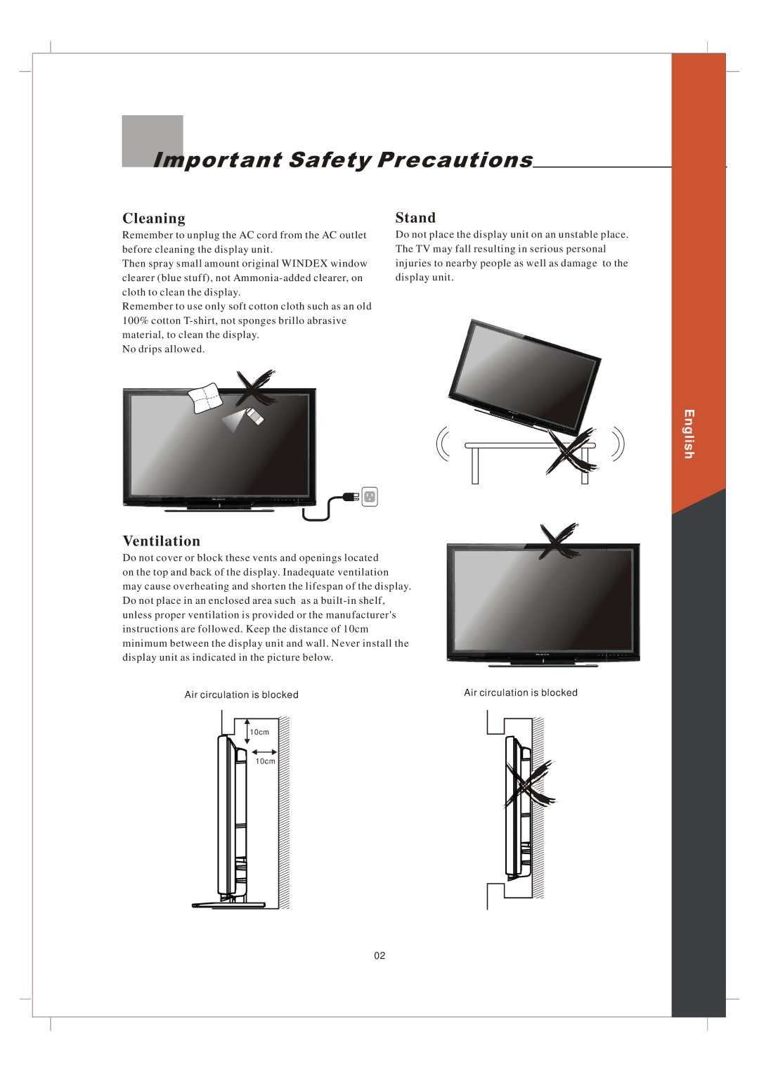 Olevia 265T FHD manual Important Safety Precautions, Cleaning, Stand, Ventilation 