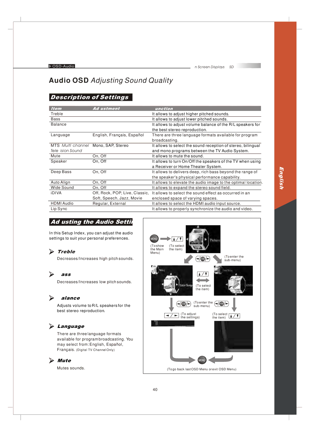 Olevia 265T FHD manual Adjusting the Audio Settings, Treble 