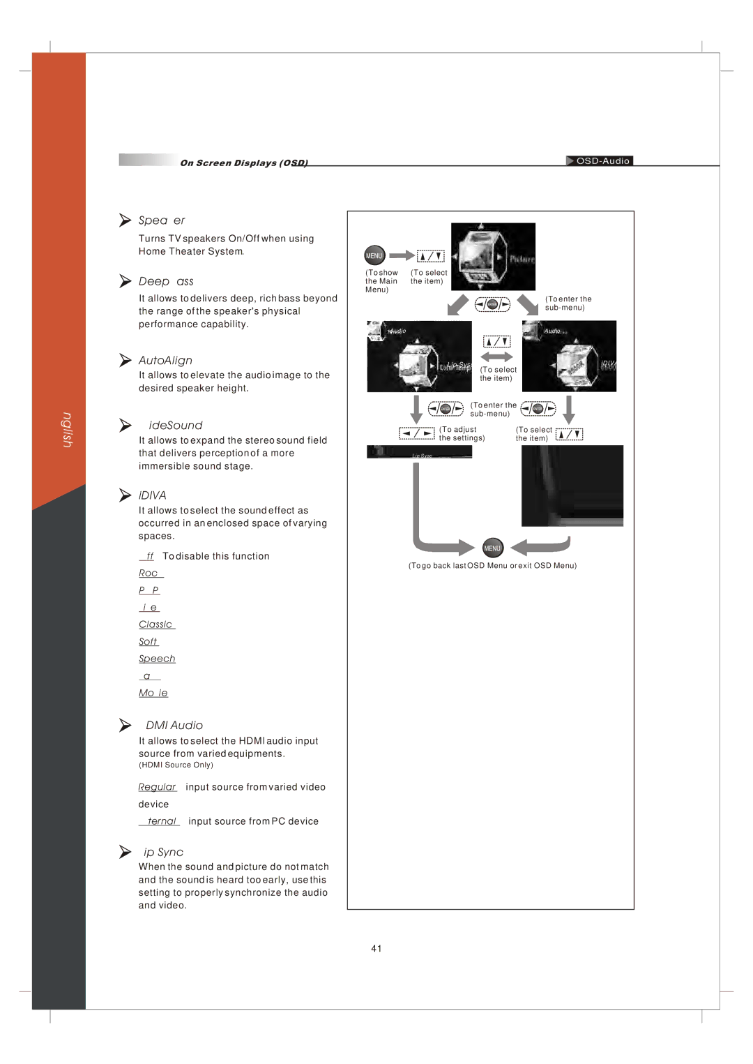 Olevia 265T FHD manual Speaker, DeepBass, AutoAlign, WideSound, Idiva, Hdmi Audio, Lip Sync 