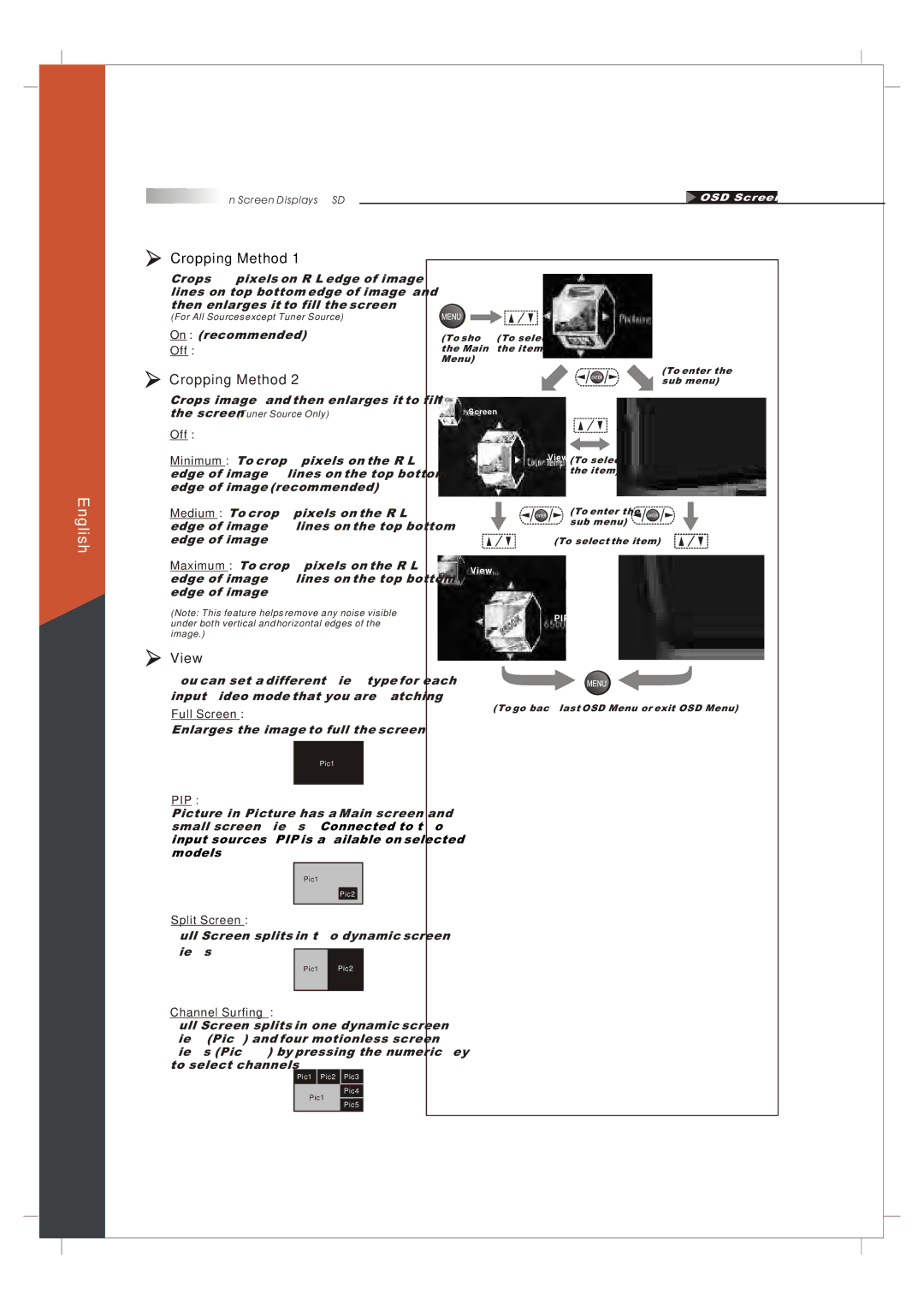 Olevia 265T FHD manual Cropping Method, View, Split Screen, Channel Surfing 