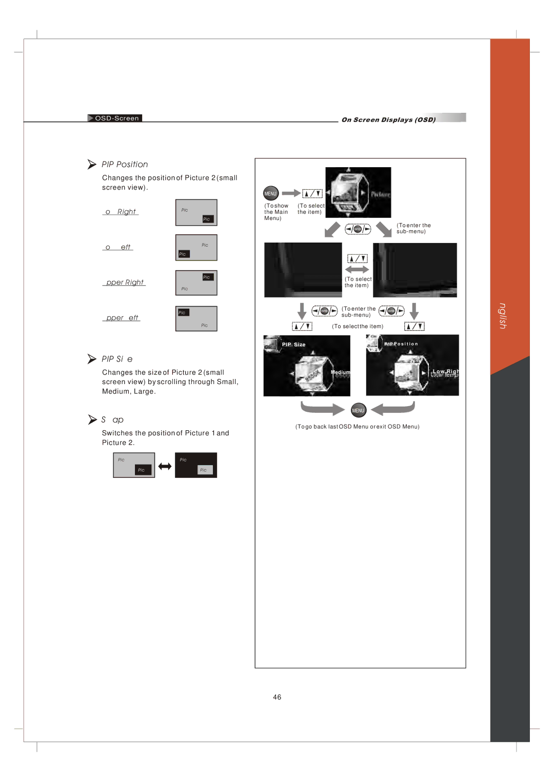 Olevia 265T FHD manual PIP Position, PIP Size, Swap, Low Right Low Left Upper Right Upper Left 