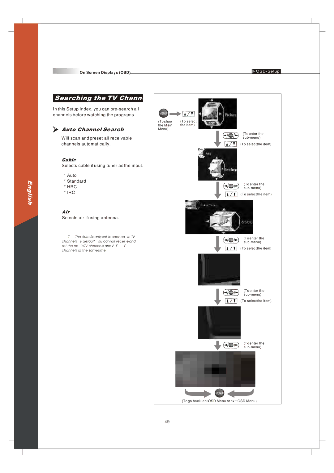 Olevia 265T FHD manual Searching the TV Channels, Auto Channel Search, Cable, Air 