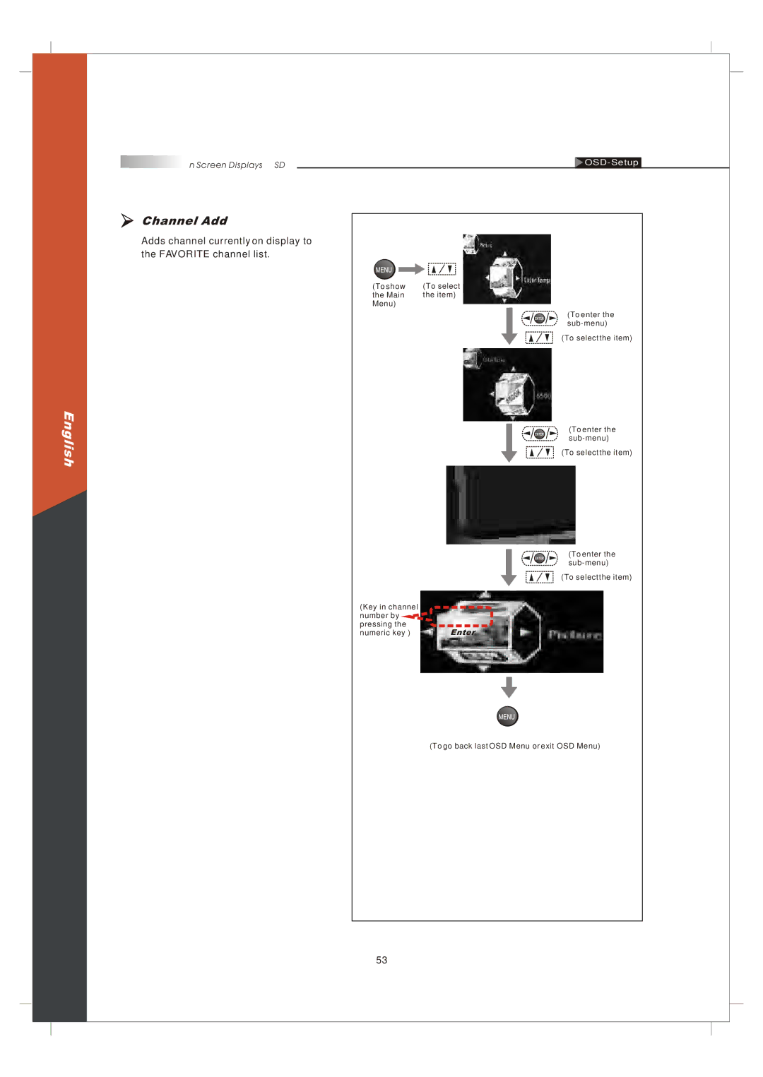 Olevia 265T FHD manual Channel Add, Adds channel currently on display to Favorite channel list 