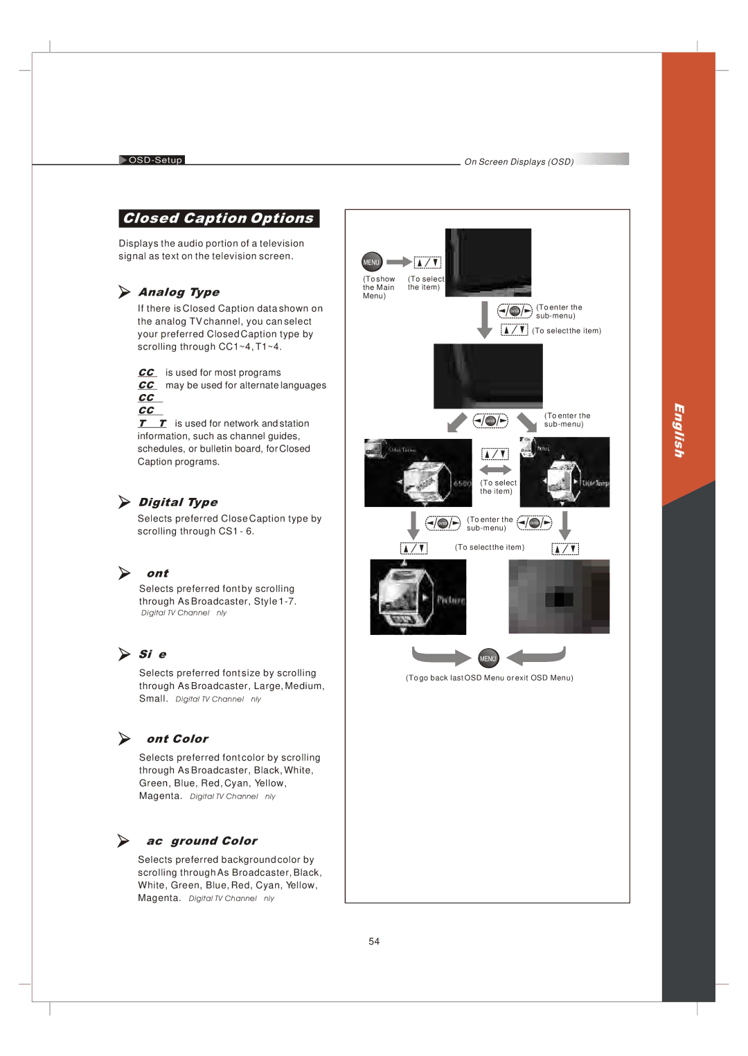 Olevia 265T FHD manual Closed Caption Options 