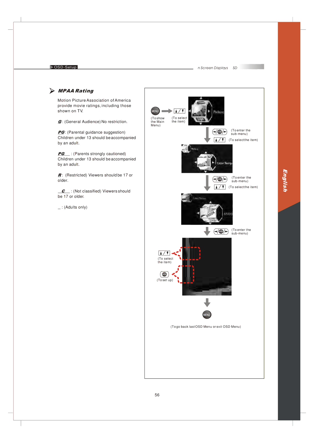 Olevia 265T FHD manual Mpaa Rating, Adults only 