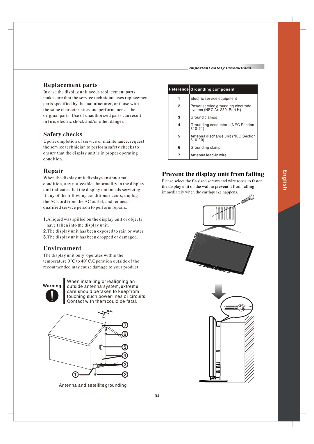 Olevia 265T FHD manual Replacement parts, Safety checks, Repair, Environment 