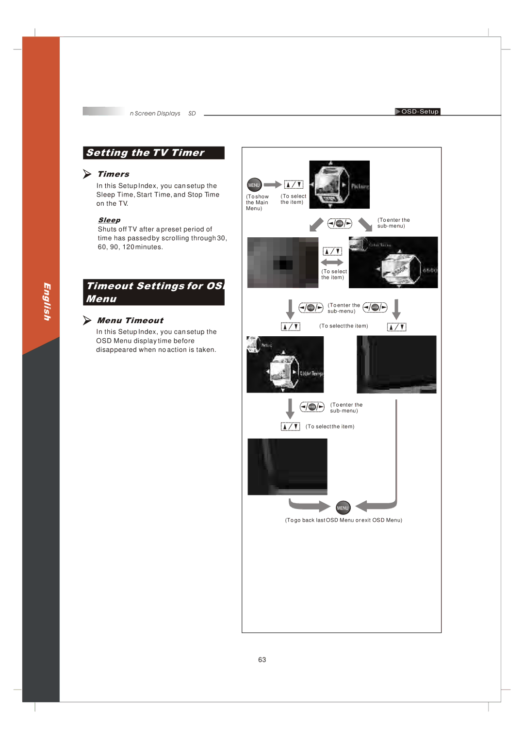 Olevia 265T FHD manual Setting the TV Timer, Timeout Settings for OSD Menu, Timers, Menu Timeout, Sleep 