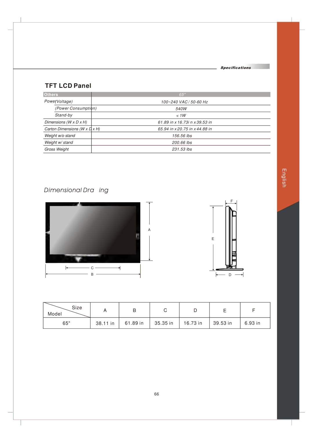 Olevia 265T FHD manual Dimensional Drawing, Size Model 38.11 61.89 35.35 16.73 39.53 