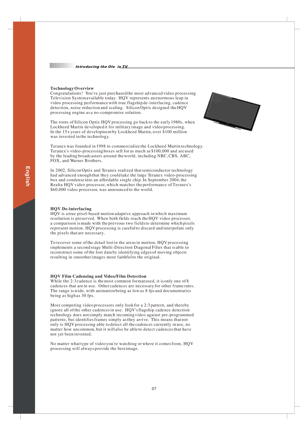 Olevia 265T FHD manual Technology Overview, HQV De-interlacing, HQV Film Cadencing and Video/Film Detection 