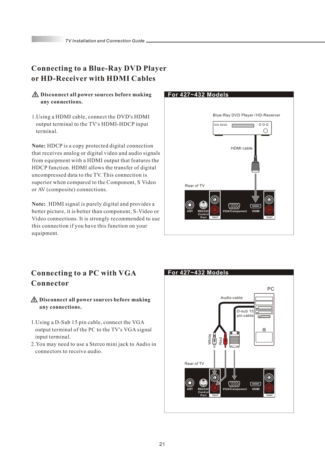 Olevia 4-Series manual Connecting to a PC with VGA Connector 