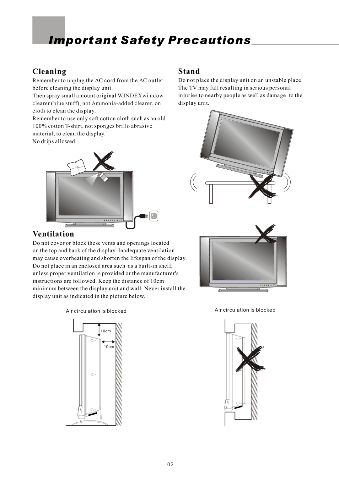 Olevia 4-Series manual Important Safety Precautions, Cleaning Stand, Ventilation 