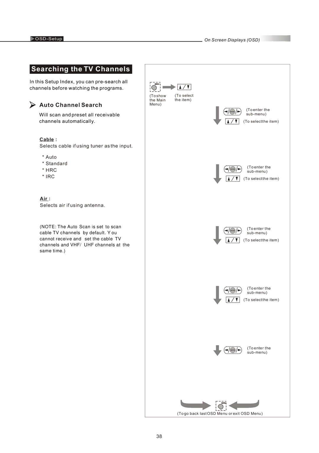 Olevia 4-Series manual Searching the TV Channels, Auto Channel Search, Cable, Air 