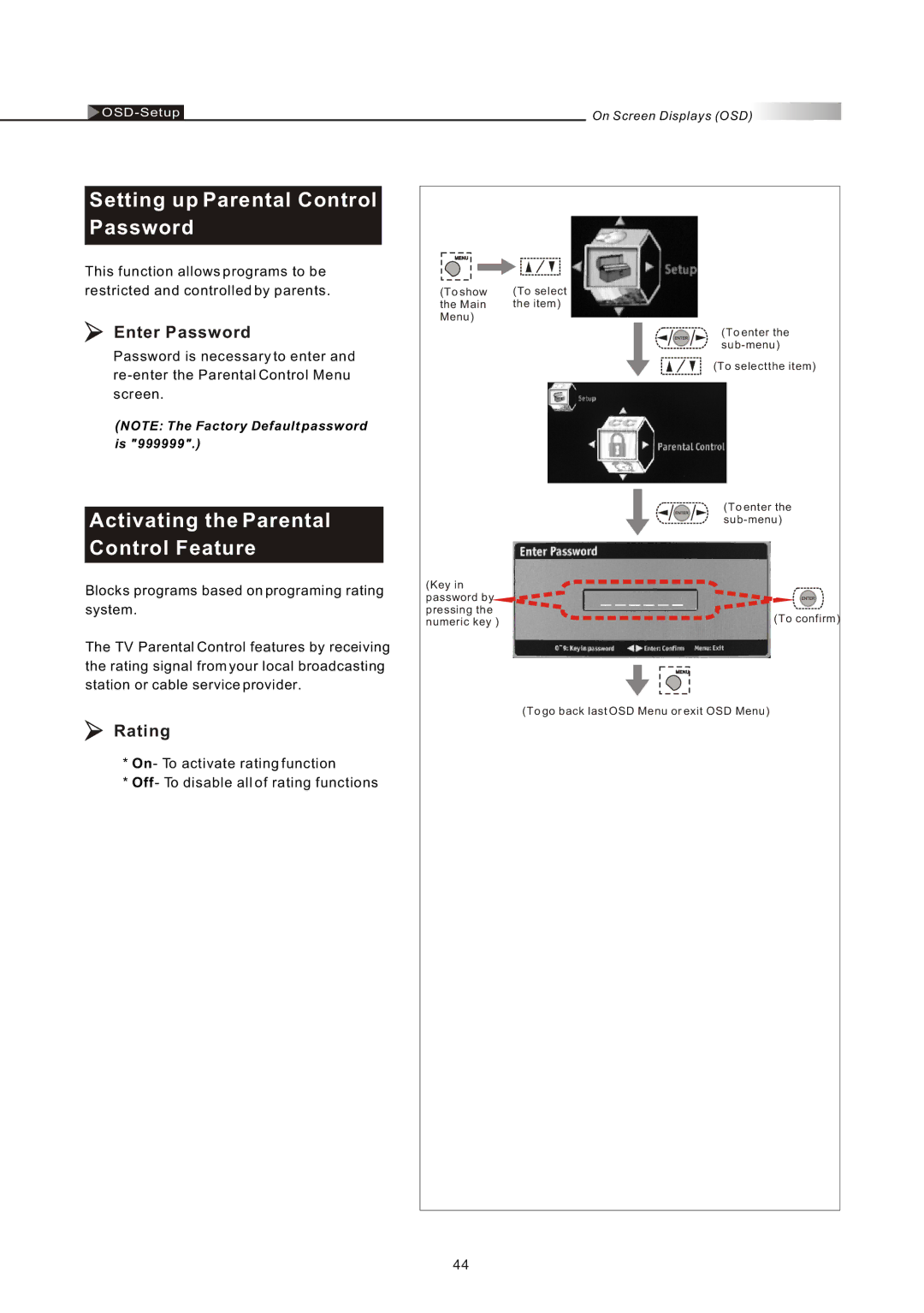 Olevia 4-Series Setting up Parental Control Password, Activating the Parental Control Feature, Enter Password, Rating 