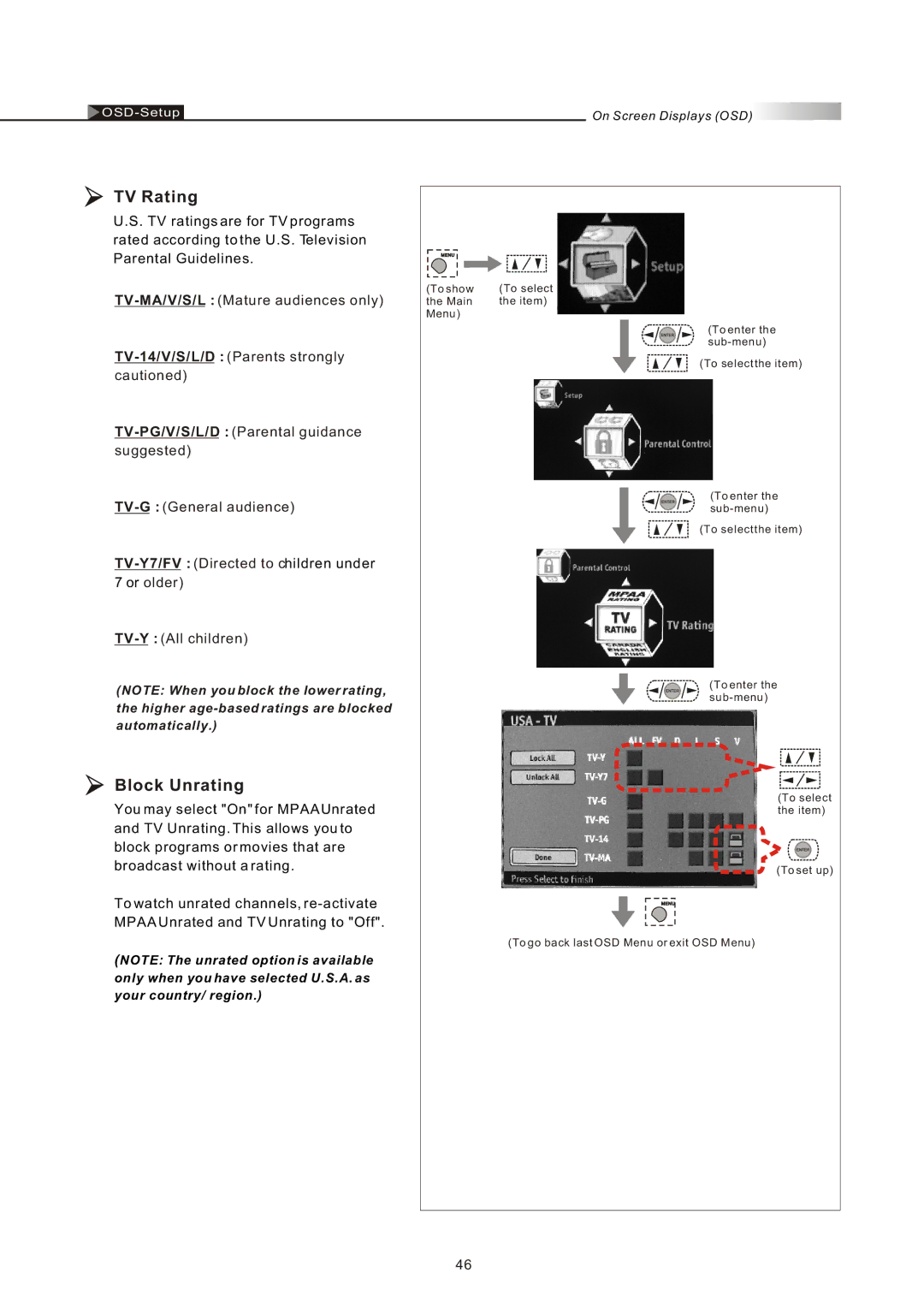 Olevia 4-Series manual TV Rating, Block Unrating 