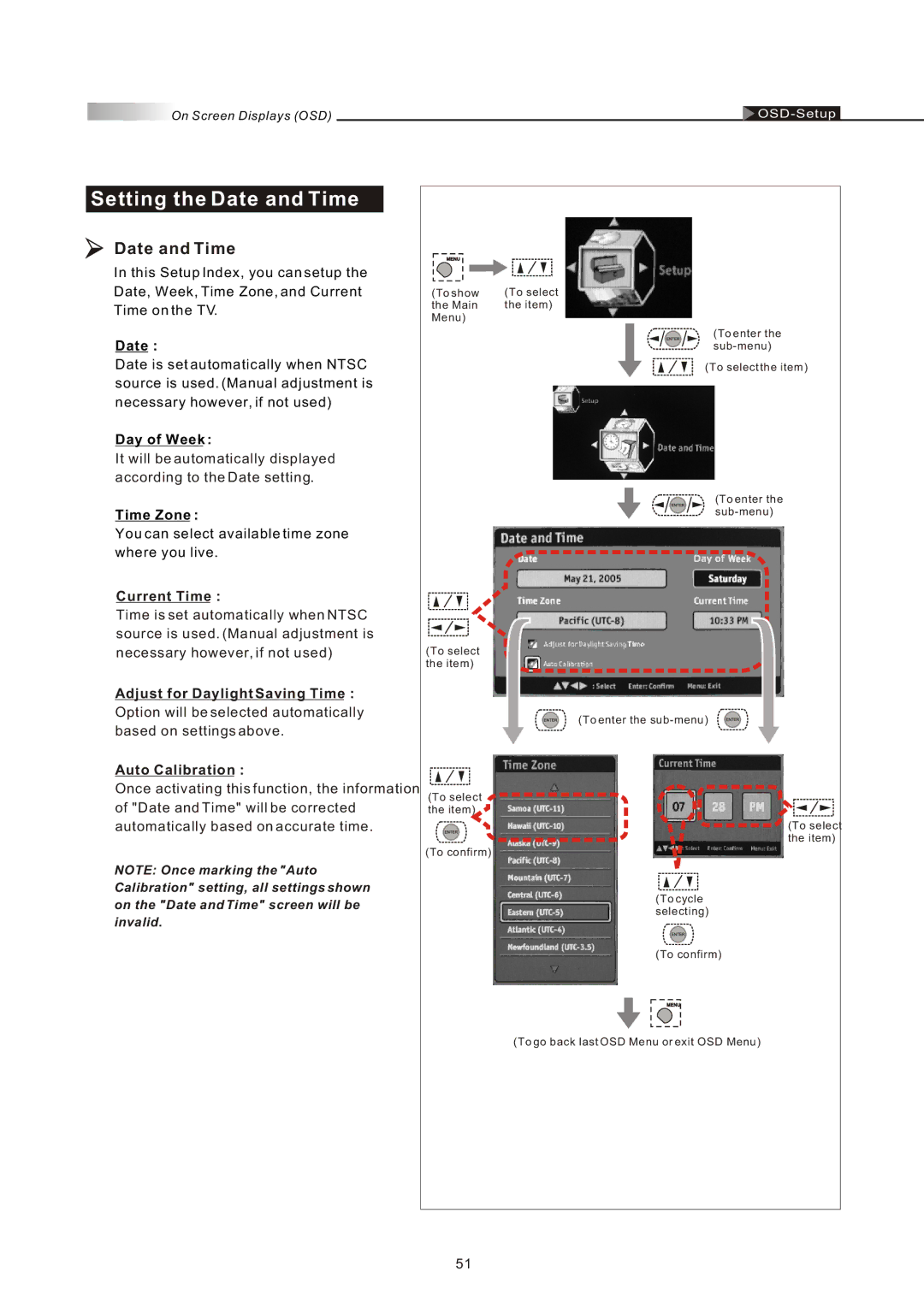 Olevia 4-Series manual Setting the Date and Time, Current Time, Adjust for Daylight Saving Time, Auto Calibration 