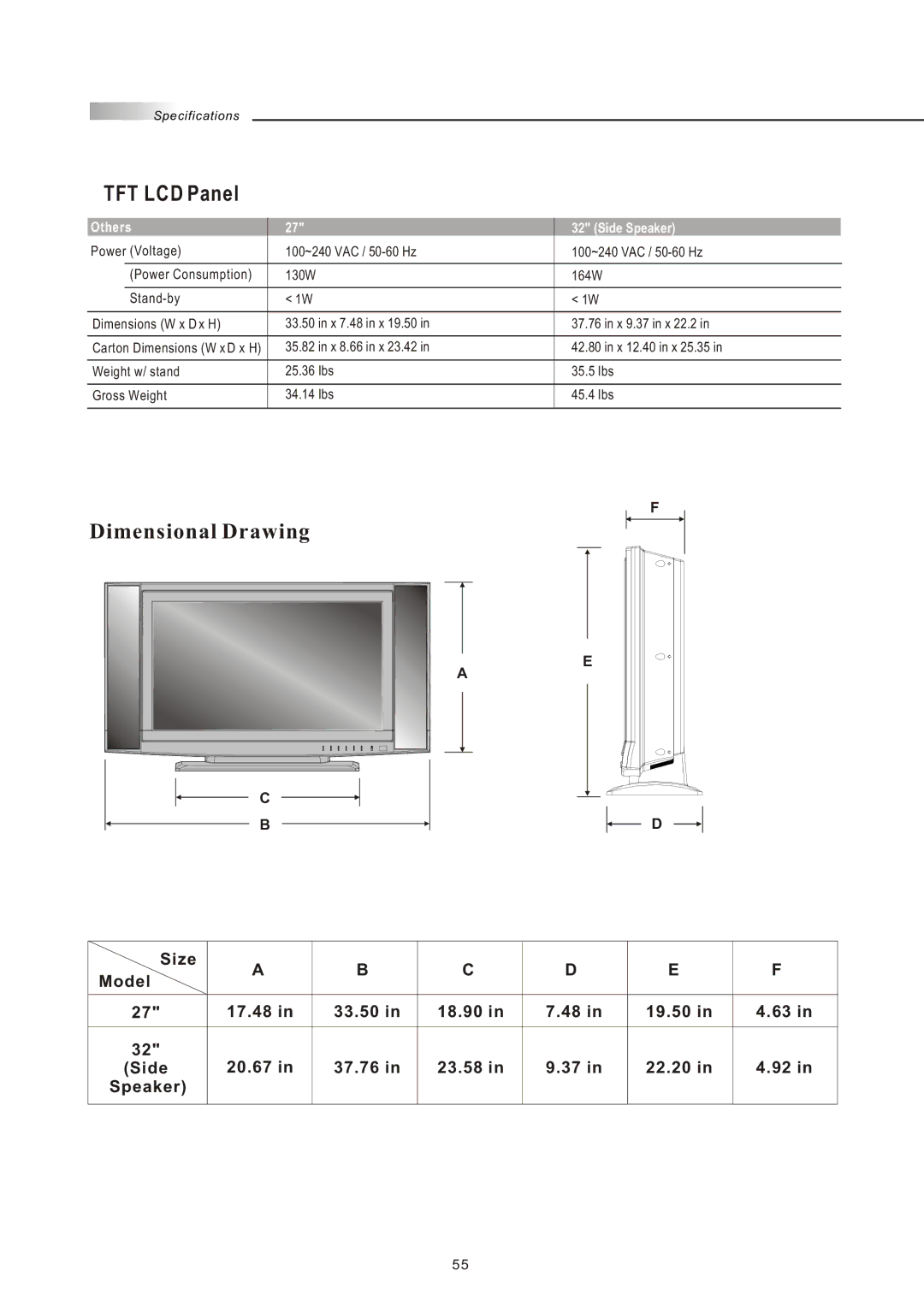 Olevia 4-Series manual Dimensional Drawing, Others Side Speaker 