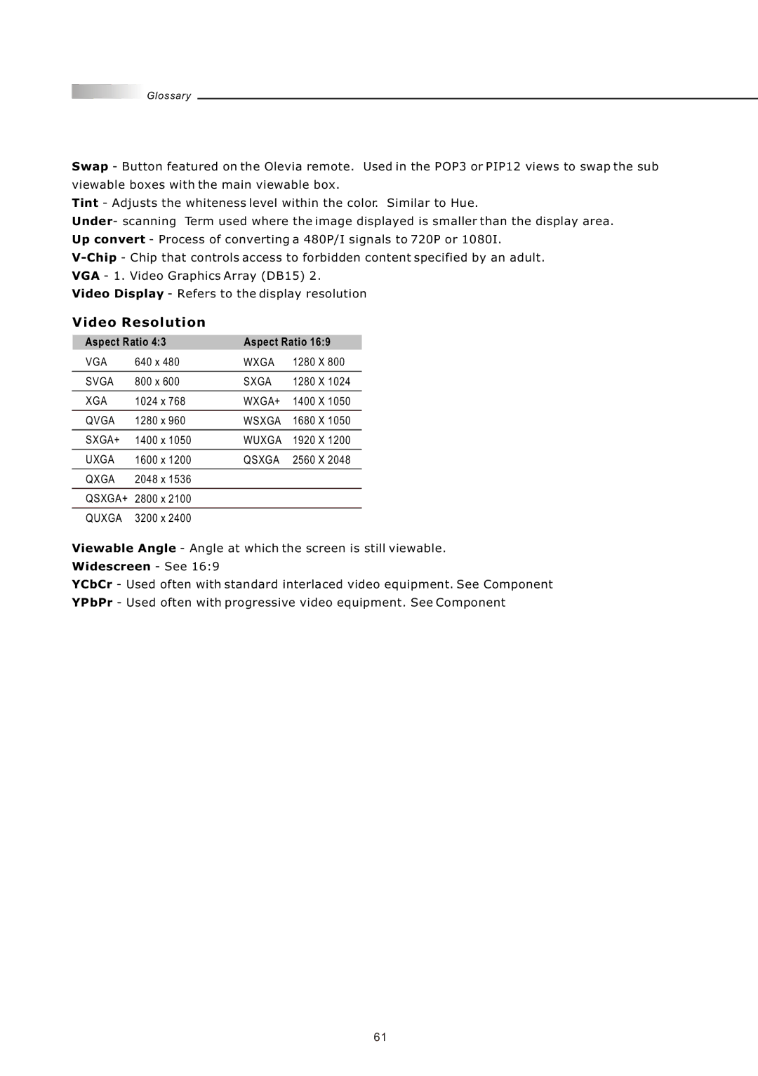 Olevia 4-Series manual Video Resolution, Aspect Ratio 