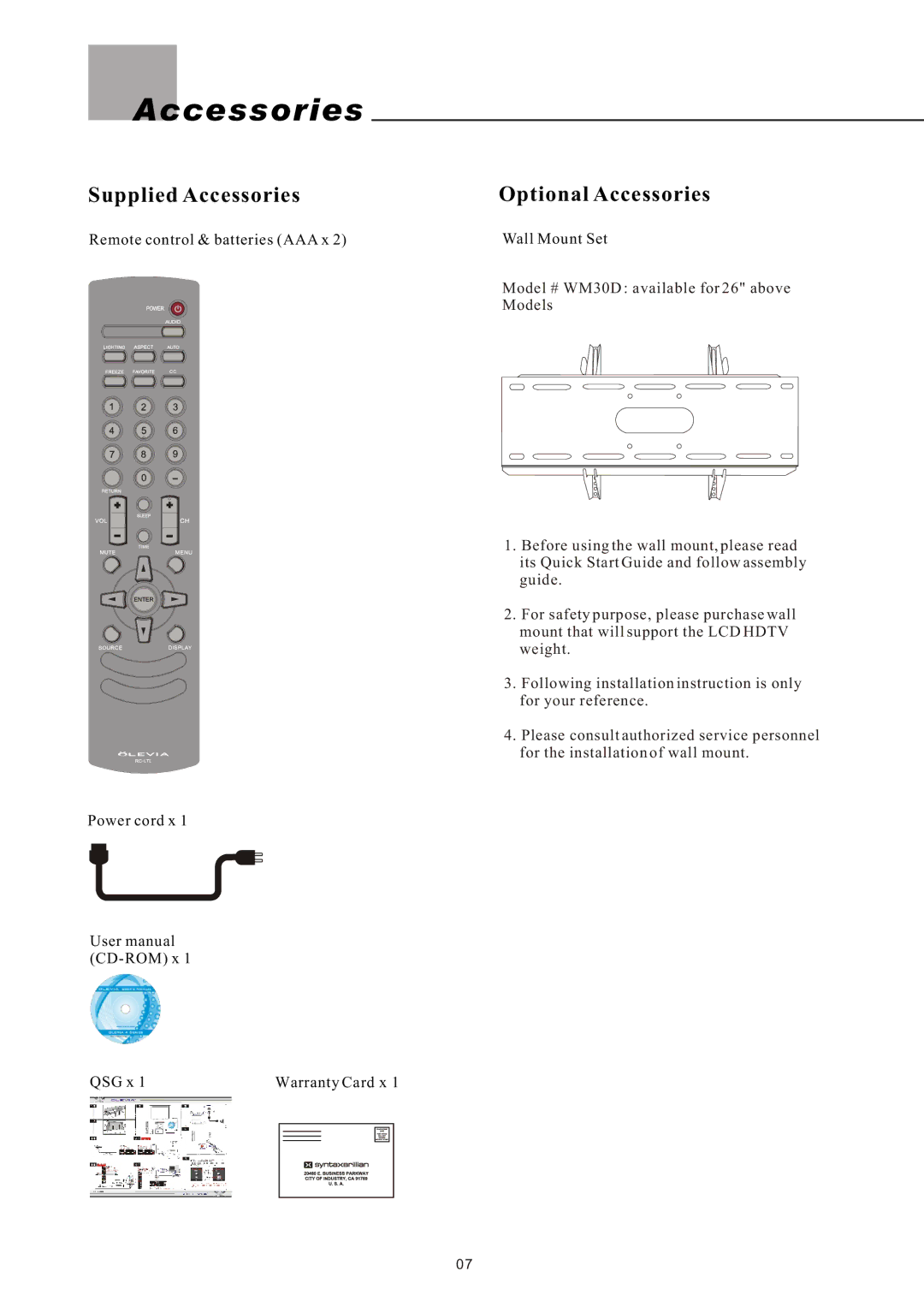 Olevia 4-Series manual Supplied Accessories, Optional Accessories 