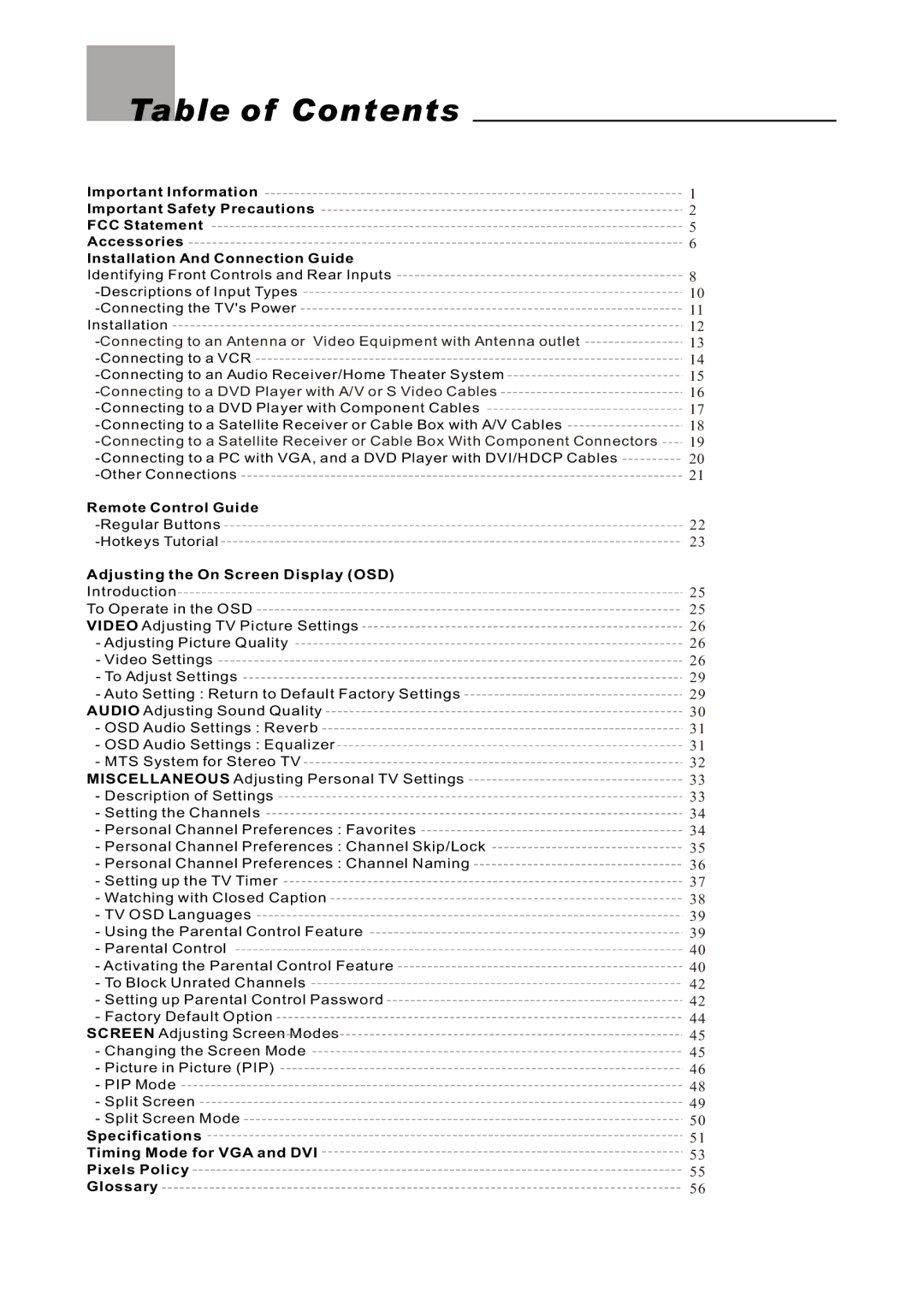 Olevia LT26HVX Series, LT26HVE Series manual Table of Contents 