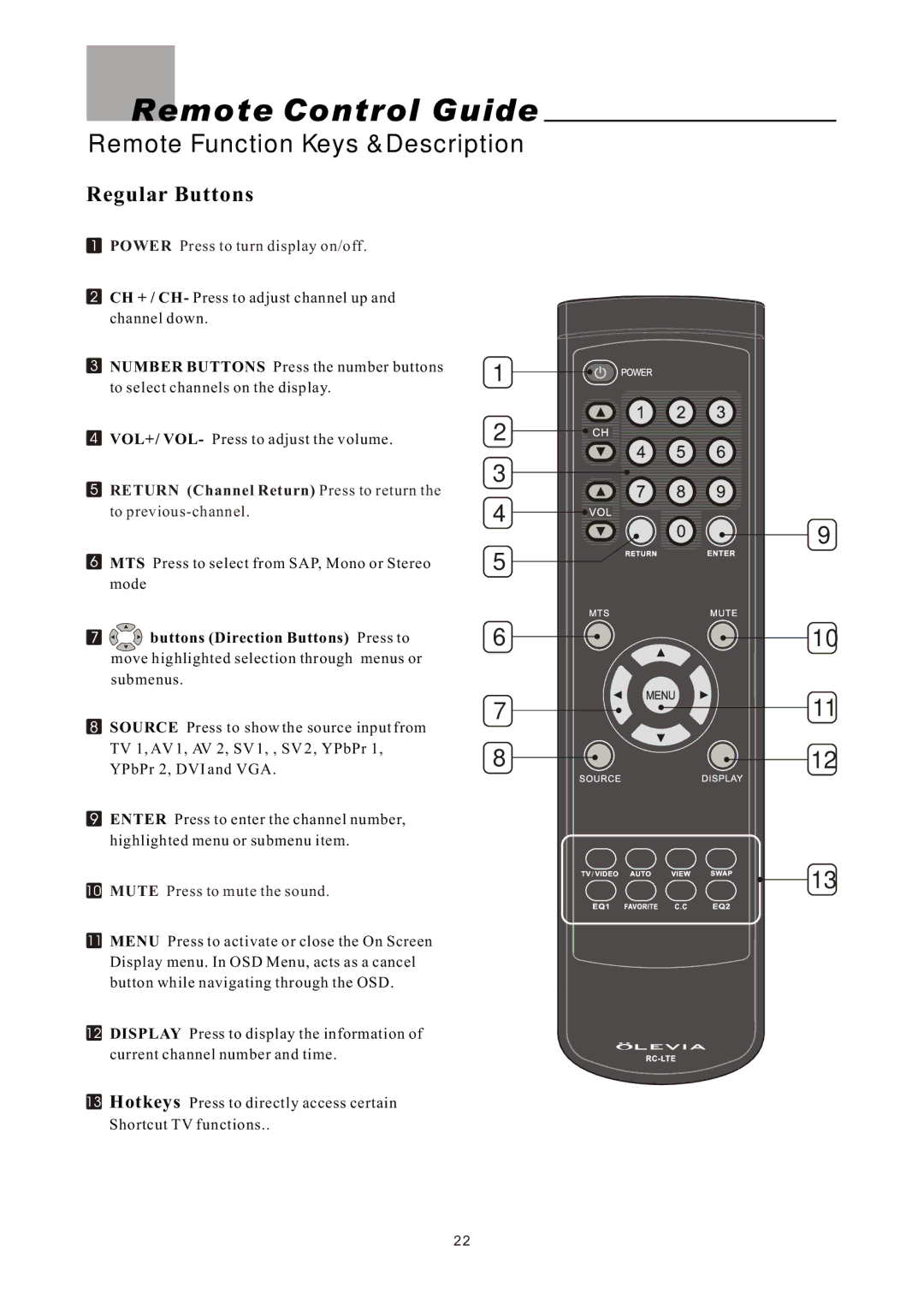 Olevia LT26HVX Series, LT26HVE Series manual Remote Control Guide, Remote Function Keys & Description, Regular Buttons 