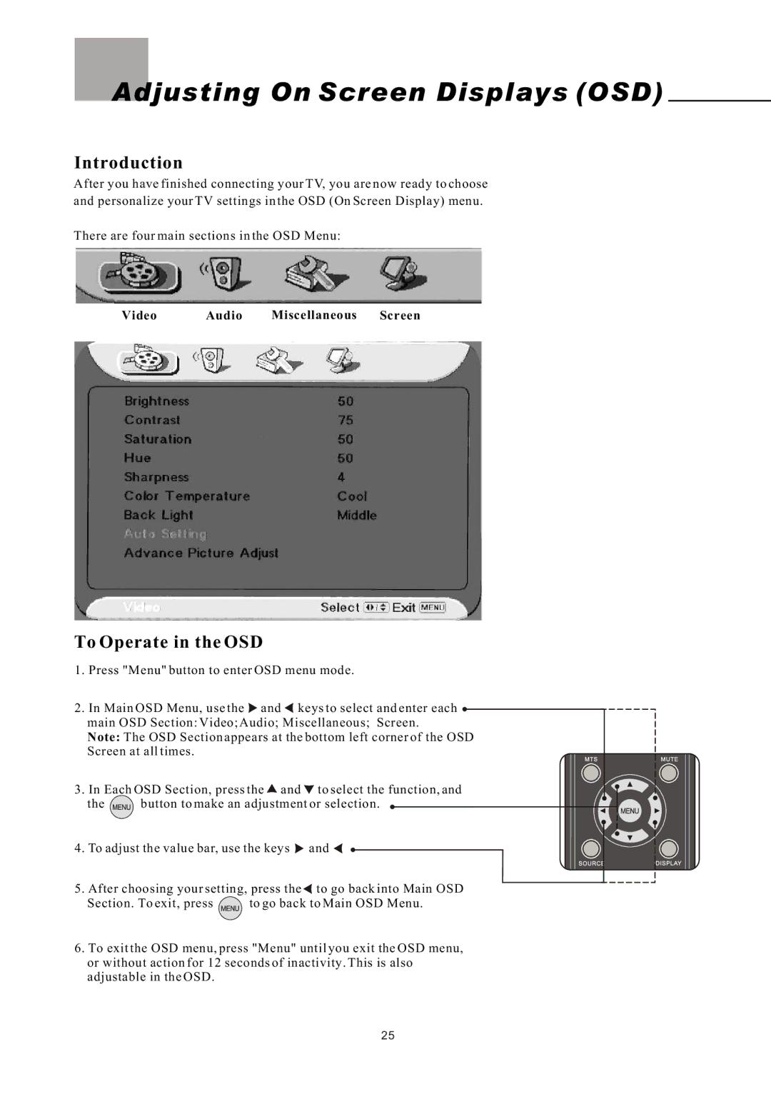 Olevia LT26HVE Series, LT26HVX Series manual Adjusting On Screen Displays OSD, Introduction, To Operate in the OSD 