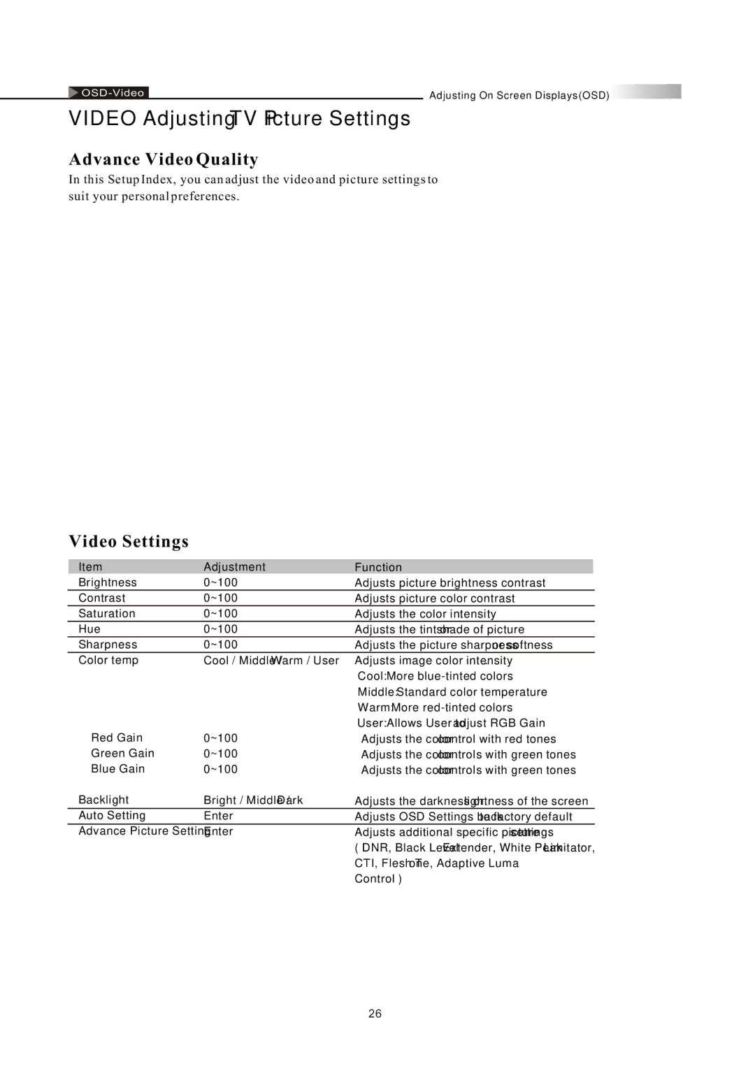 Olevia LT26HVX Series, LT26HVE Series manual Video Adjusting TV Picture Settings, Advance Video Quality, Video Settings 