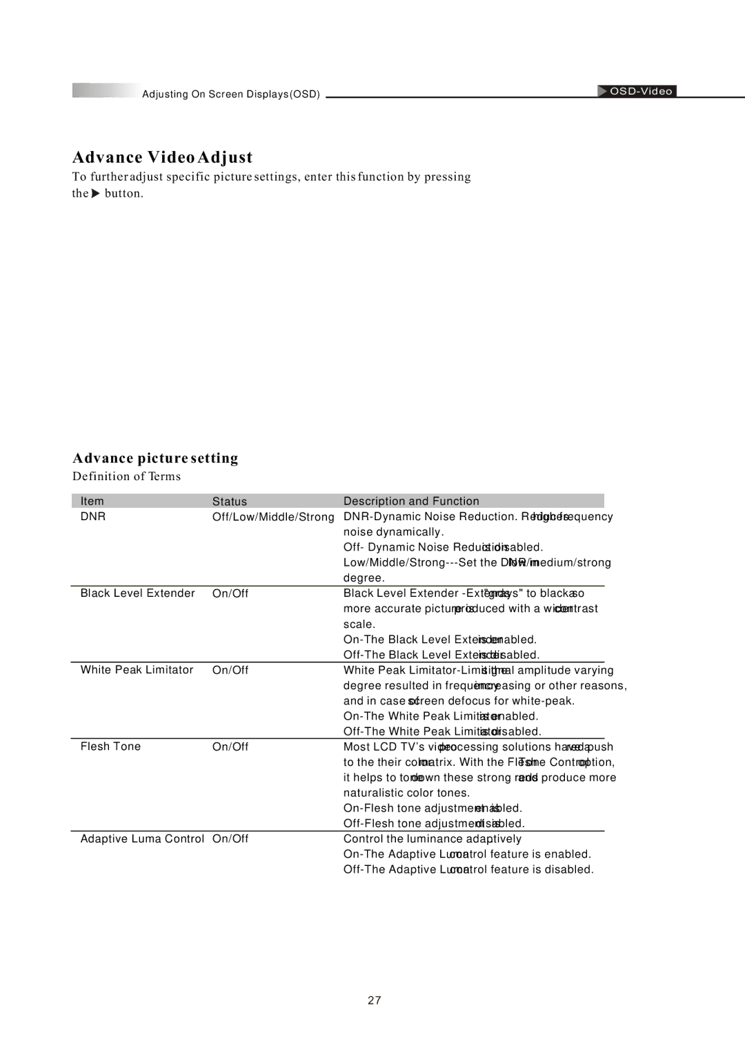 Olevia LT26HVE Series, LT26HVX Series manual Advance Video Adjust, Dnr 