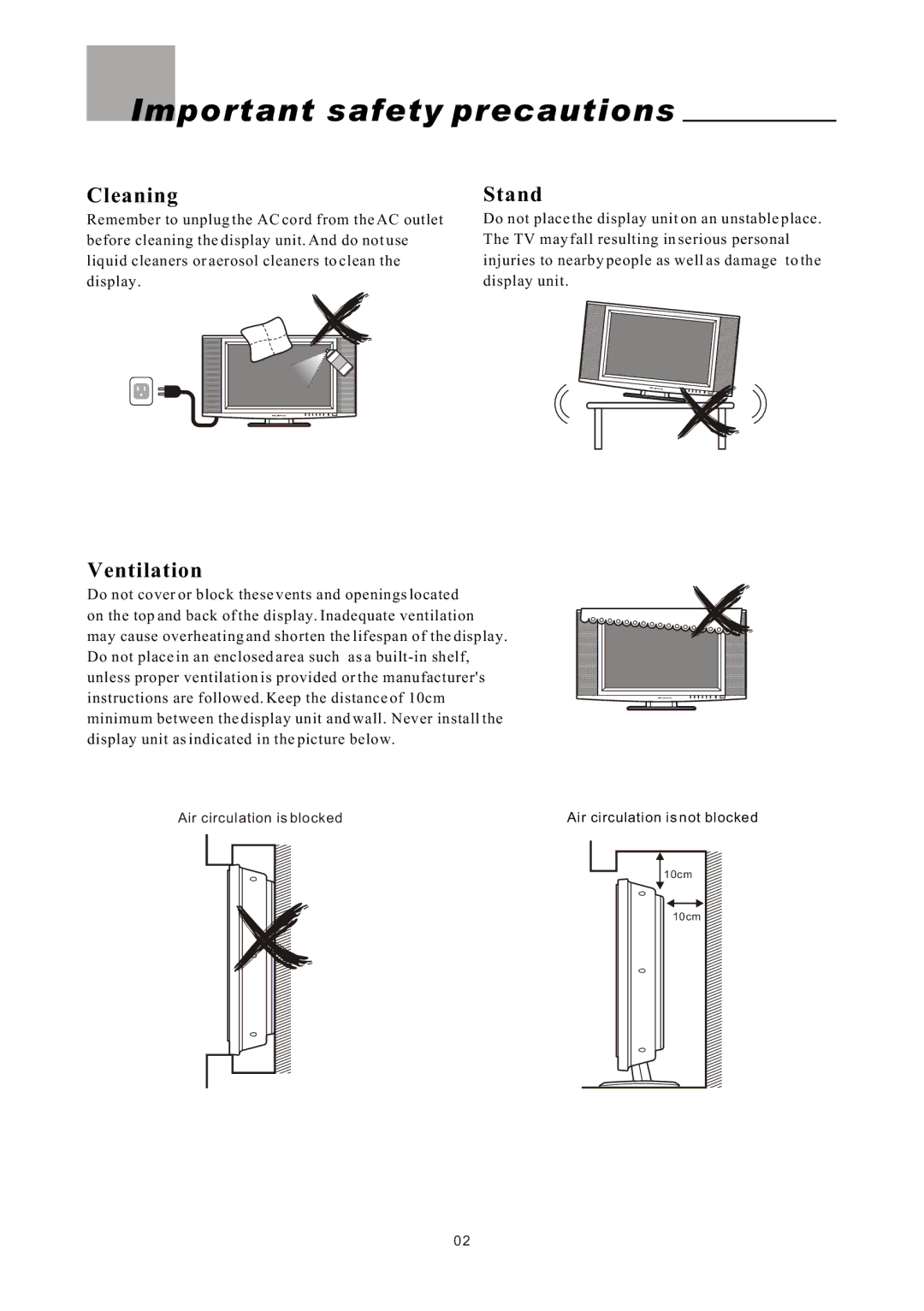 Olevia LT26HVX Series, LT26HVE Series manual Important safety precautions, Cleaning, Ventilation Stand 