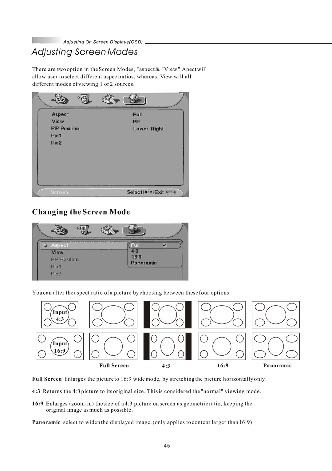 Olevia LT26HVE Series, LT26HVX Series Adjusting Screen Modes, Changing the Screen Mode, Input Full Screen43169Panoramic 