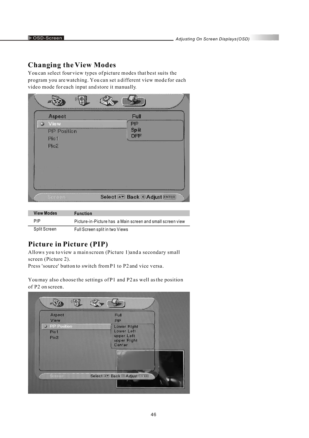 Olevia LT26HVX Series, LT26HVE Series manual Changing the View Modes, Picture in Picture PIP, Pip 