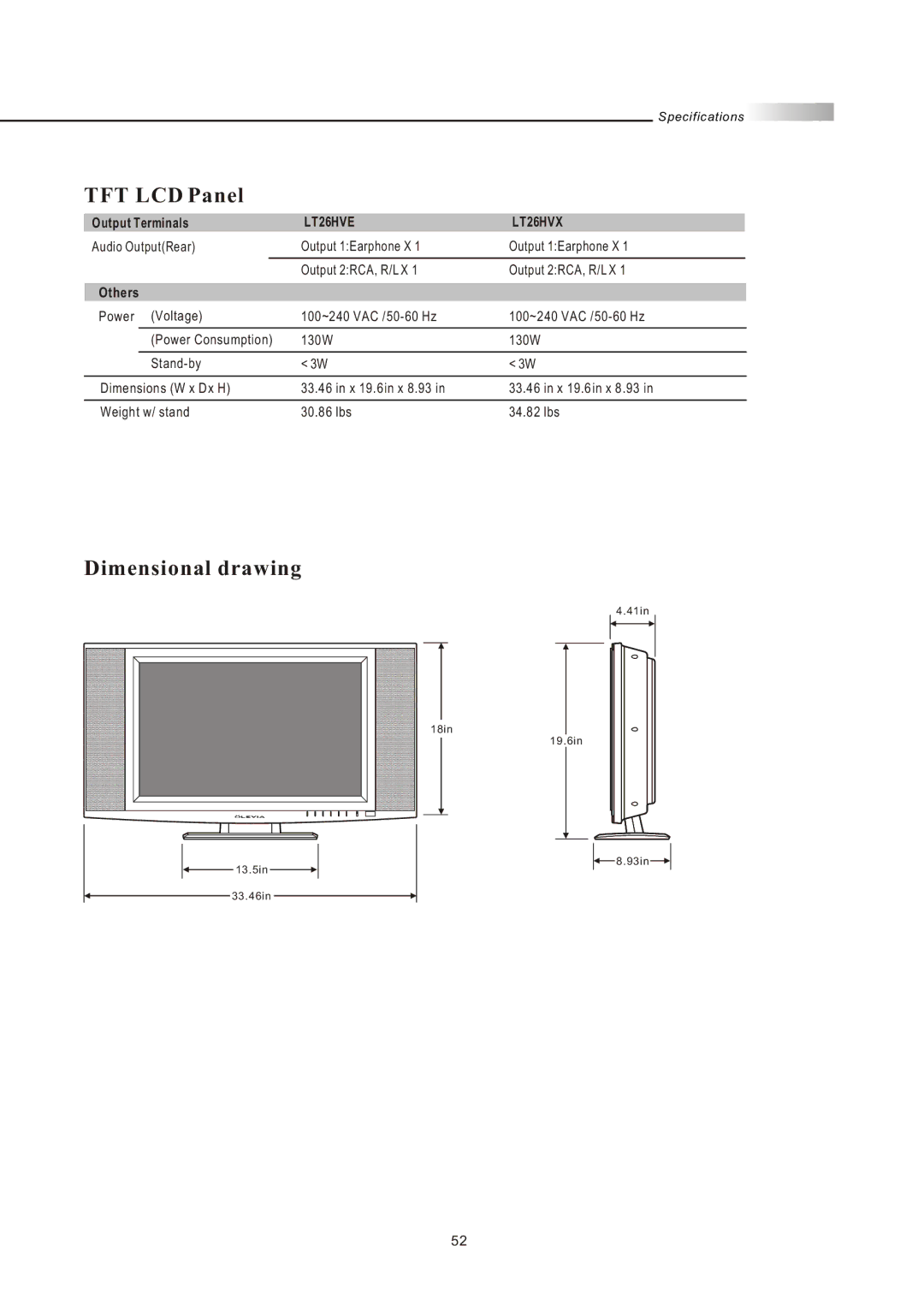 Olevia LT26HVX Series, LT26HVE Series manual Dimensional drawing, Others 