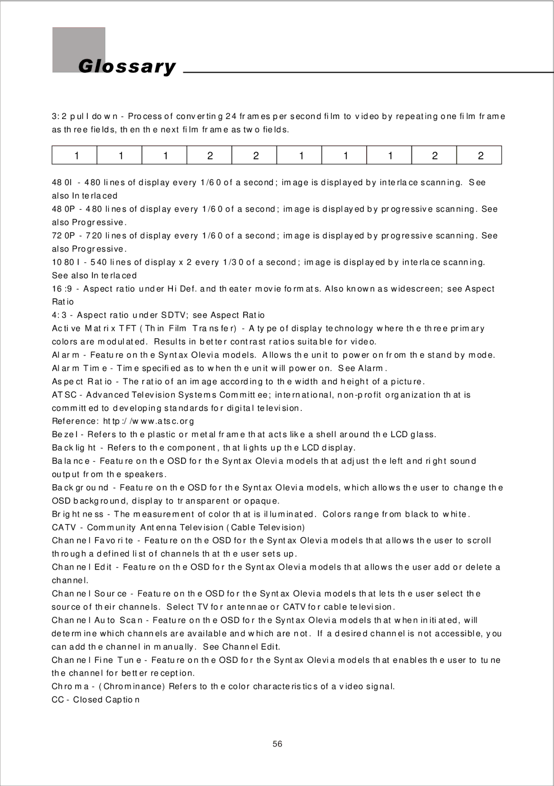 Olevia LT26HVX Series, LT26HVE Series manual Glossary 