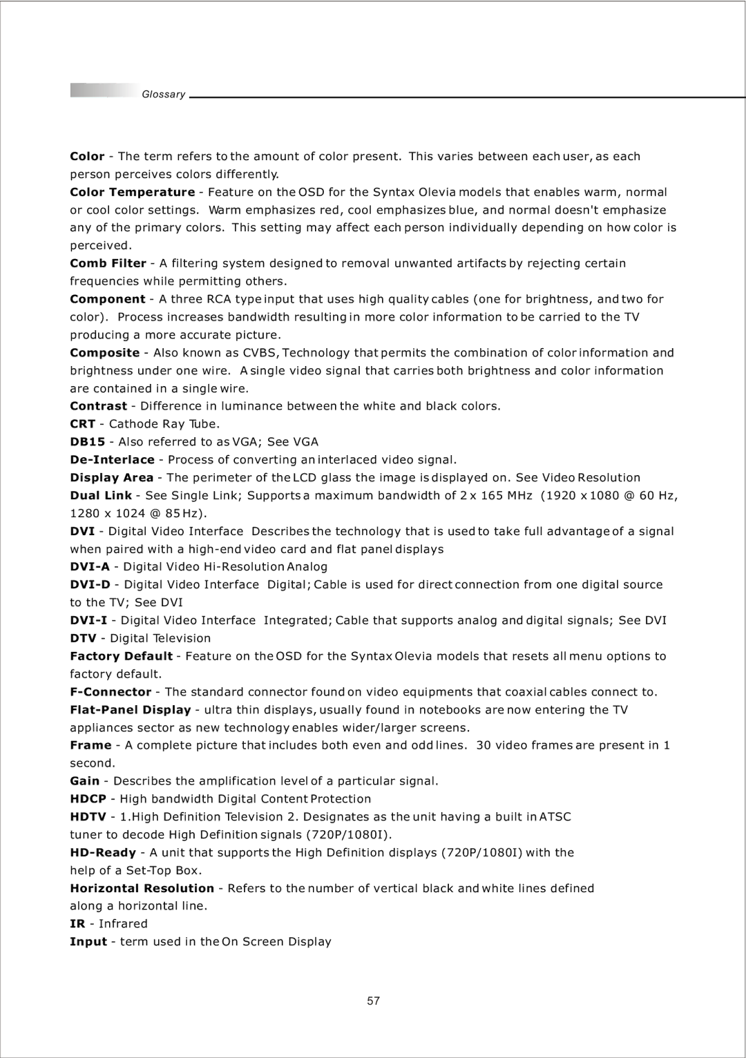 Olevia LT26HVE Series, LT26HVX Series manual Glossary 