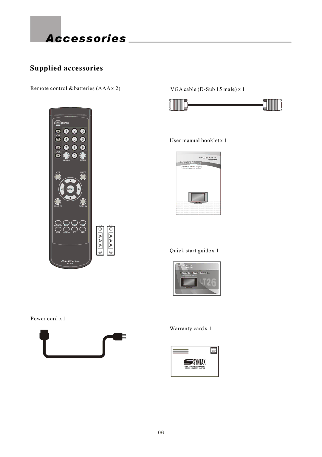 Olevia LT26HVX Series, LT26HVE Series manual Accessories, Supplied accessories 