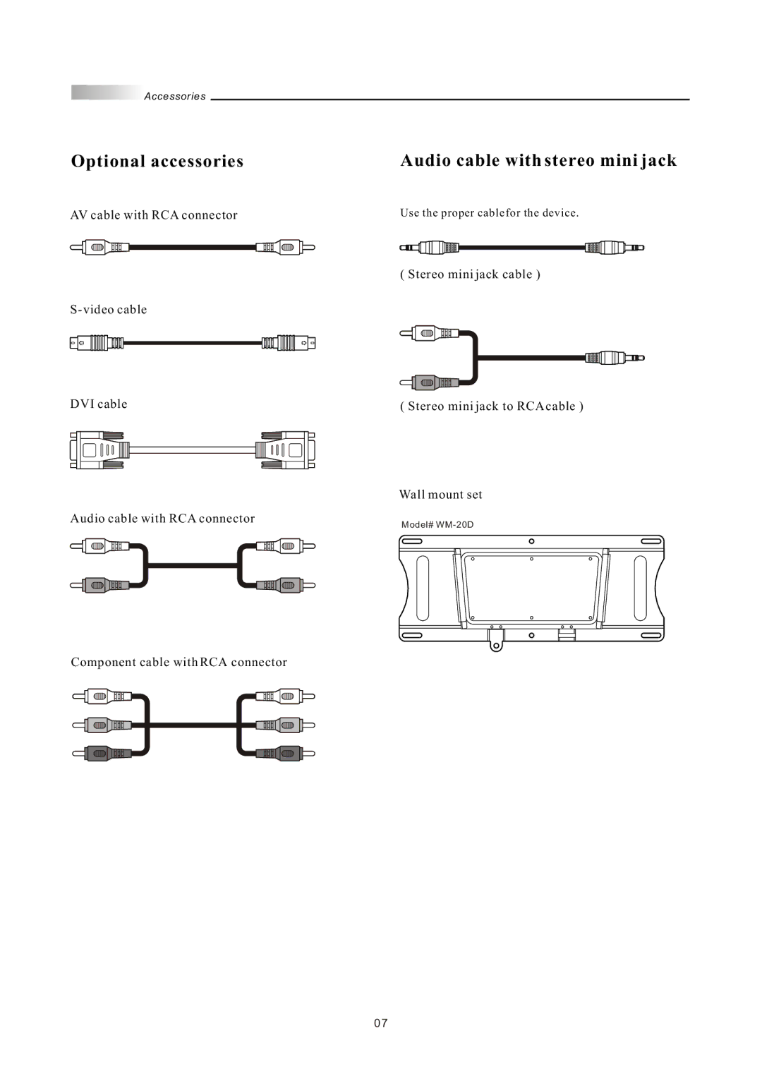 Olevia LT26HVE Series, LT26HVX Series manual Optional accessories, Audio cable with stereo mini jack 