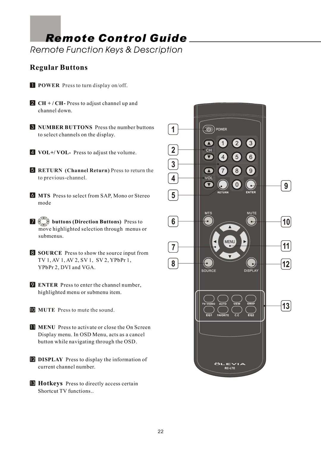 Olevia LT32HVE Series, LT32HVM Series manual Remote Control Guide, Remote Function Keys & Description, Regular Buttons 