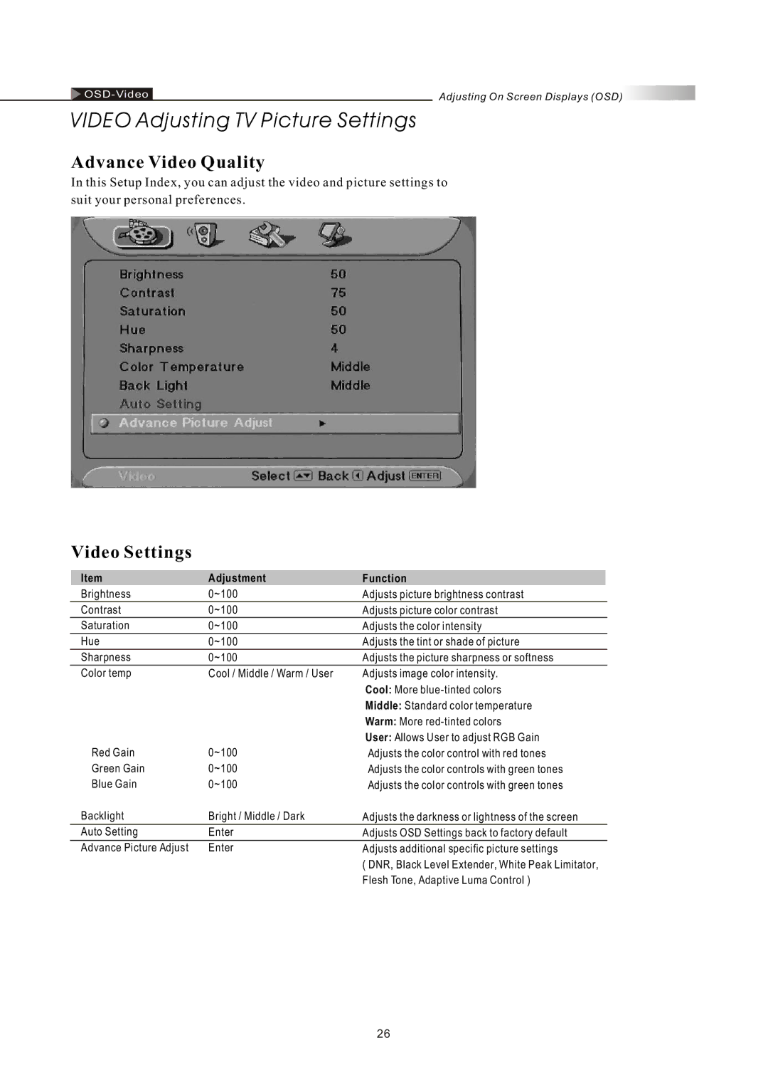 Olevia LT32HVE Series, LT32HVM Series manual Video Adjusting TV Picture Settings, Advance Video Quality, Video Settings 